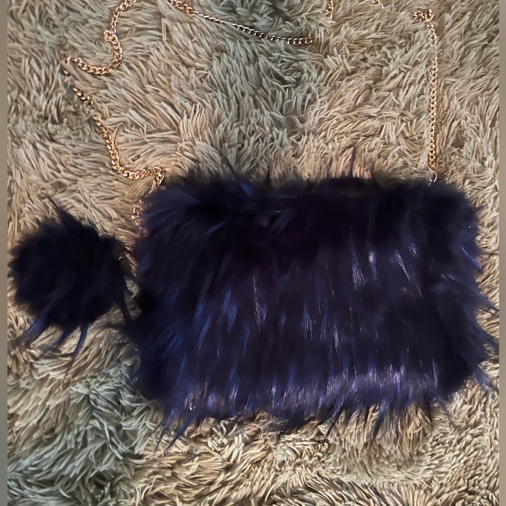 Natasha Couture Bags | Faux Fur Black & Blue Clutch/Purse |Detachable Gold Strap